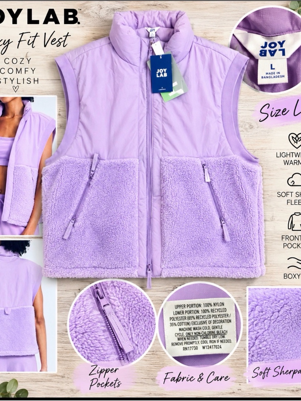 JoyLab Women’s Boxy Fit Sherpa Fleece Vest – Lavender – Size Large – NWT